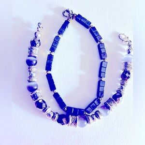 Qty 2 bracelets 7” Hematite: 1. stone squares; 2 faceted, silver, cats eye